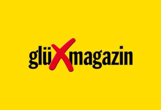 Logo glüXmagazin auf gelbem Hintergrund